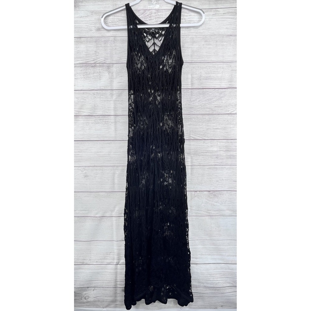 Eileen Fisher Black Crochet Knit Layer Midi Dress Sz XS Unlined Cover Up Pool Re - Picture 3 of 8